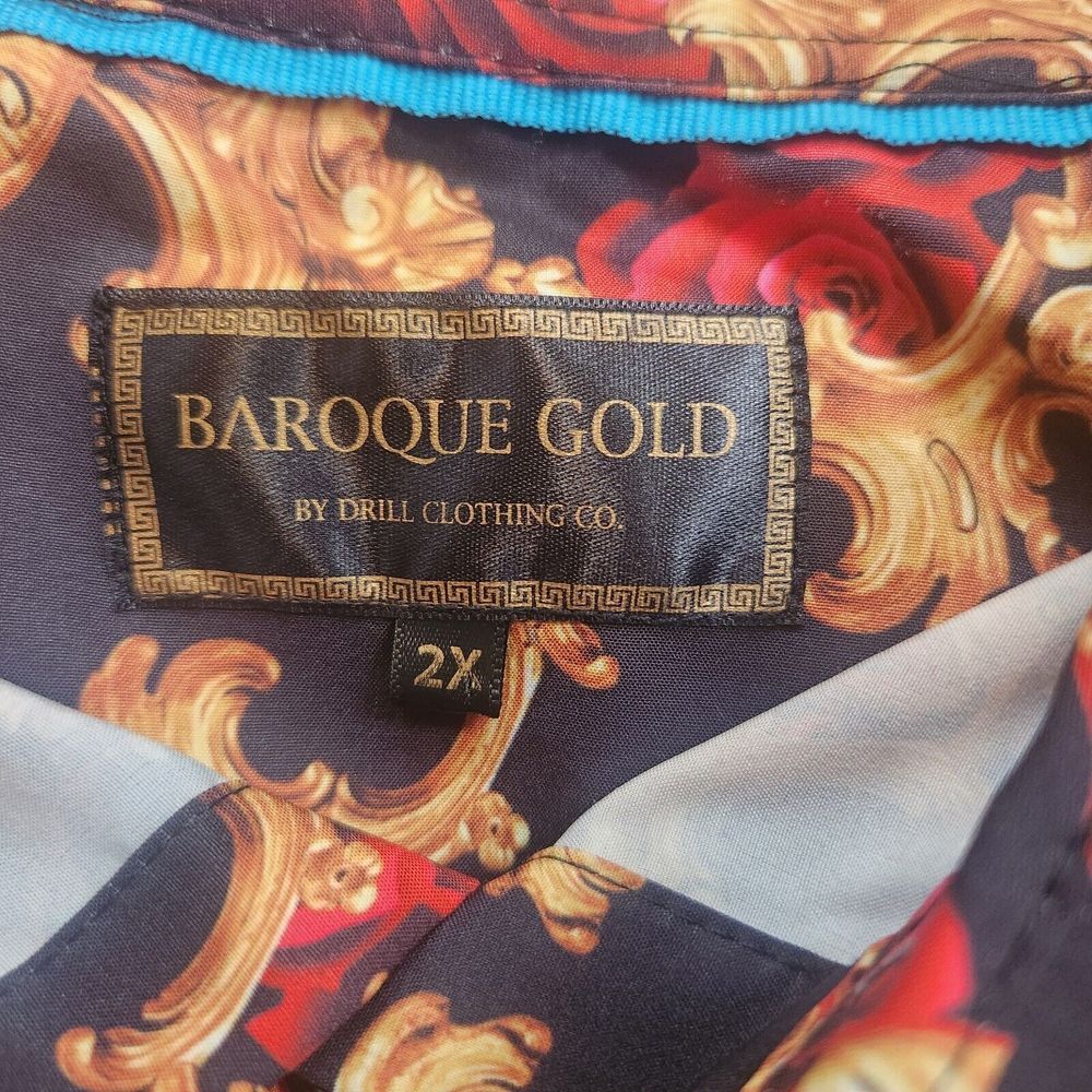 Baroque Gold By Drill Clothing Co. Gold And Red Roses Button Down Shirt 2XL - Picture 5 of 6